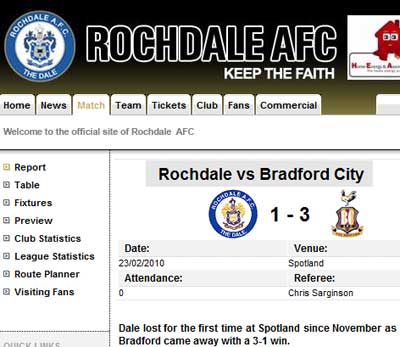 Rochdale's website circa Wednesday 3rd March, 2010 Rochdale's website as seen on Wednesday 3rd March, 2010